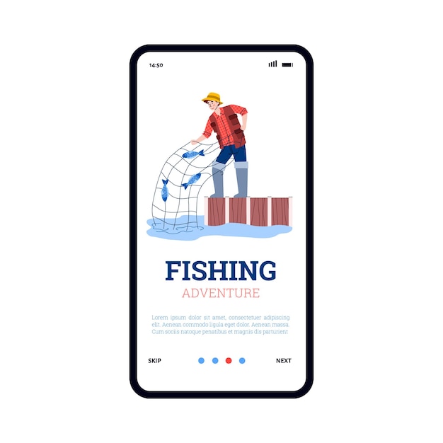 Vettore schermo del telefono cellulare vettoriale con app per l'avventura per i pescatori nella stagione della pesca