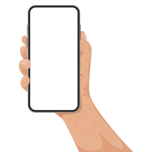 Telefono mock-up vettoriale con schermo bianco in mano in uno stile piatto, isolato su sfondo bianco.