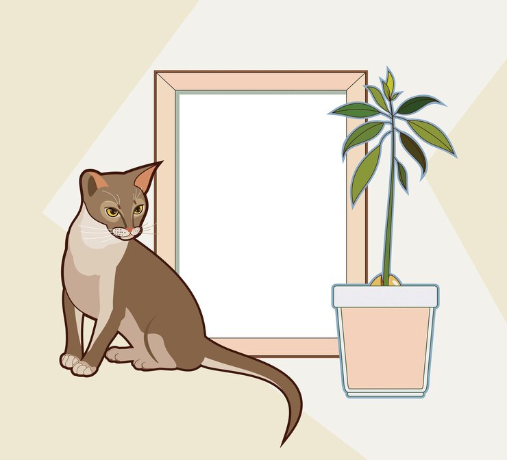 Vector vector mock up wooden frame abyssinian cat and avocado plant interior home poster mockup with wood frame and green leaves on light wall background hipster template poster picture art painting