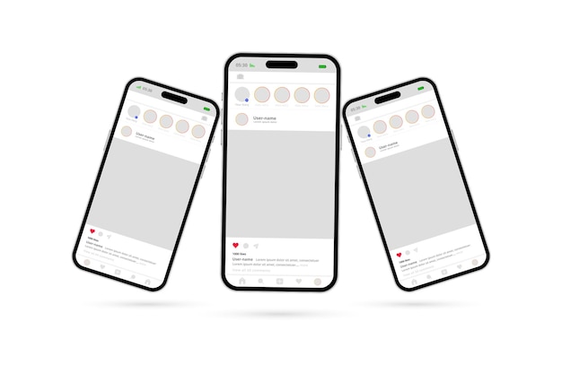 Vector mockup social media sjabloonontwerp met drie mobiele telefoons