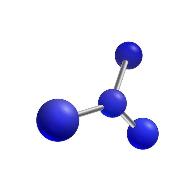 Vector model of 3d molecule consisting of three small atoms and big blue joined