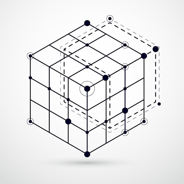現代の抽象的な立方格子線黒と白の背景のベクトル。立方体、六角形、正方形、長方形、およびさまざまな抽象要素のレイアウト。抽象的な技術的な3D背景。