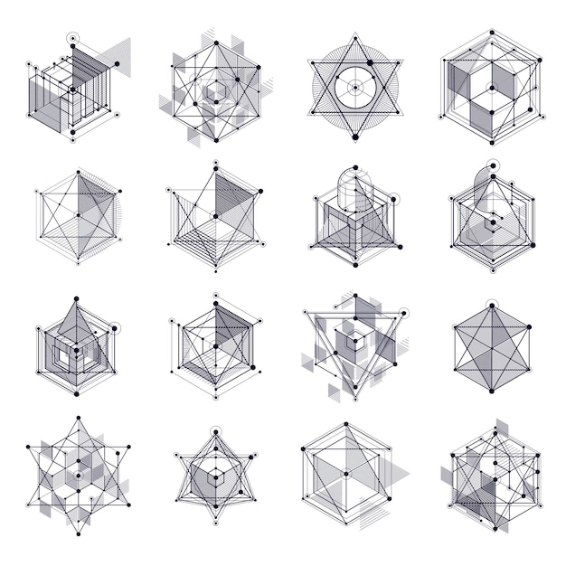 Vector vector of modern abstract cubic lattice lines black and white backgrounds set. layout of cubes, hexagons, squares, rectangles and different abstract elements. abstract technical 3d background.