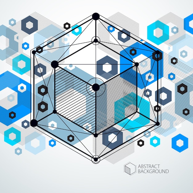 Vector of modern abstract cubic lattice lines blue background. layout of cubes, hexagons, squares, rectangles and different abstract elements. abstract technical 3d background.