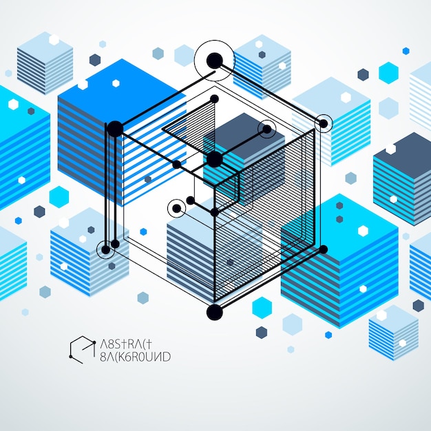 Vector of modern abstract cubic lattice lines blue background. Layout of cubes, hexagons, squares, rectangles and different abstract elements. Abstract technical 3D background.