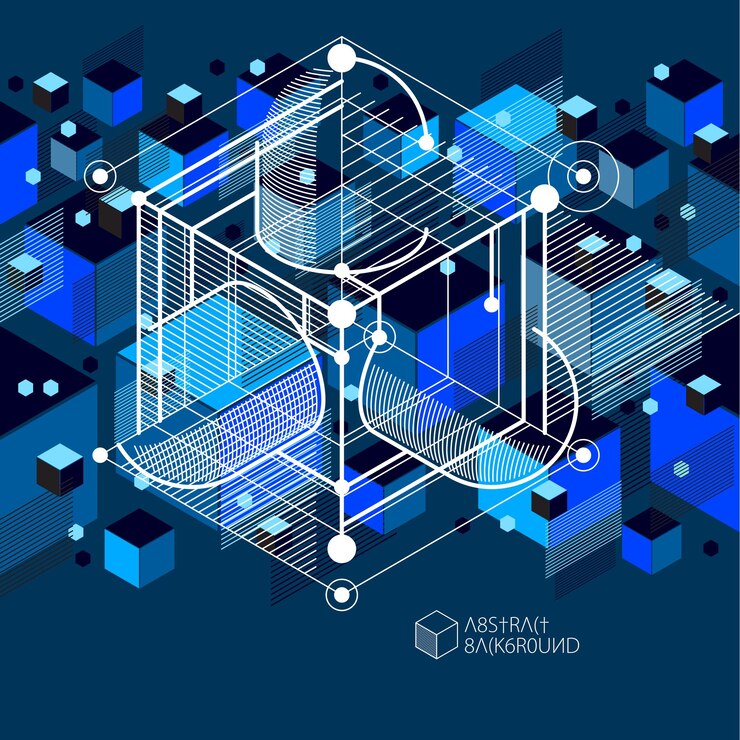 Vector vector of modern abstract cubic lattice lines blue black background. layout of cubes, hexagons, squares, rectangles and different abstract elements. abstract technical 3d background.