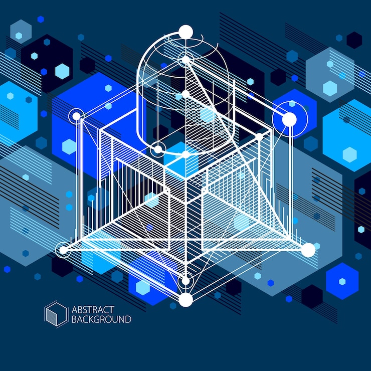 Vector vector of modern abstract cubic lattice lines blue black background. layout of cubes, hexagons, squares, rectangles and different abstract elements. abstract technical 3d background.