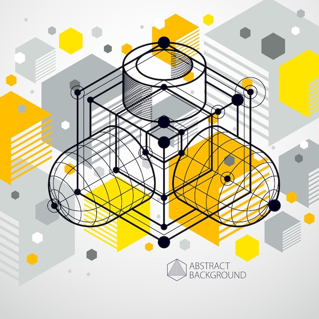 Vector of modern abstract cubic lattice lines yellow background. layout of cubes, hexagons, squares, rectangles and different abstract elements. abstract technical 3d background.