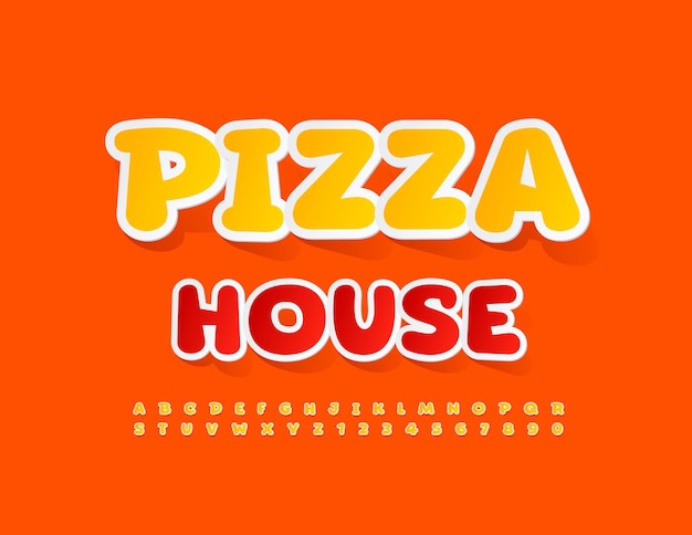 Banner moderno vettoriale pizza house. carattere luminoso creativo. adesivo giallo lettere e numeri dell'alfabeto