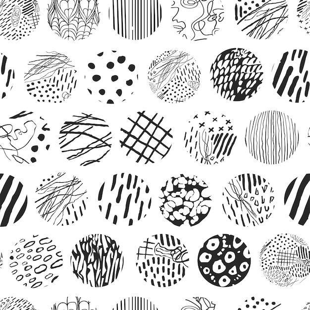 Vector vector modern black and white seamless background with hand drawn abstract round elements doodles