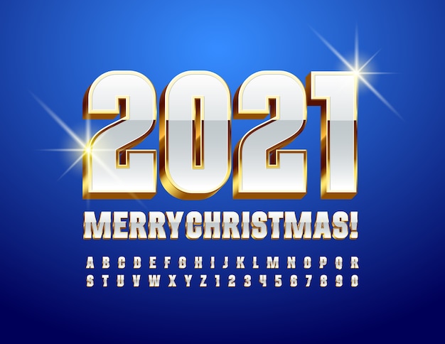 Vector modern card merry christmas 2021! snow white and gold font. elite alphabet letters and numbers set