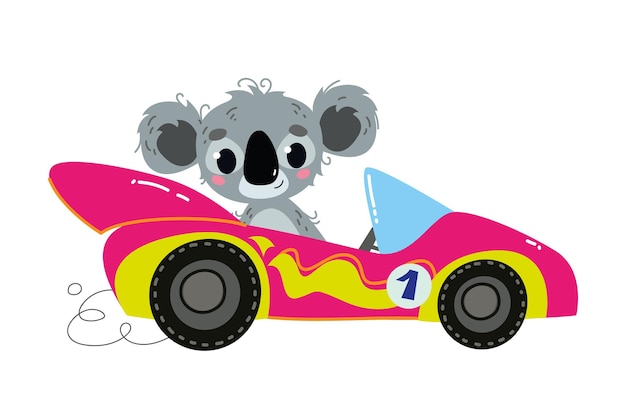 Automobile viola da corsa del fumetto moderno di vettore. l'autista è un animale - koala. auto bambini logo divertente e carino. stampa girly - per vestiti, cartoline, striscioni. il fumetto clipart guida lo sport