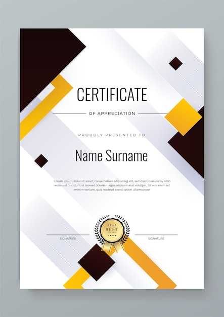 Vector modern colorful black white and gold certificate of achievement template with badge