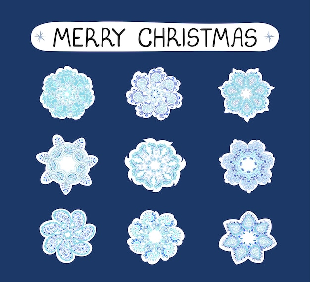 Set di natale colorato moderno vettoriale con illustrazioni di fiocchi di neve, pacchetto di adesivi. usalo come elementi per biglietti di auguri di design, poster, cartoline, design di carta da imballaggio