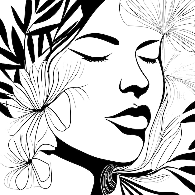 Vector vector modern of drawning illustration sketch one line art abstract face portrait and flower for