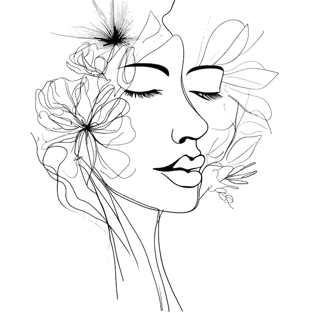 Vector modern of drawning illustration sketch one line art abstract face portrait and flower for