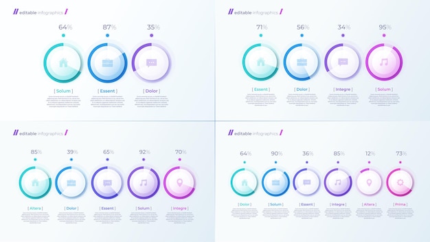 Вектор Векторные современные редактируемые шаблоны инфографики с процентными диаграммами для создания презентаций, отчетов, визуализаций.