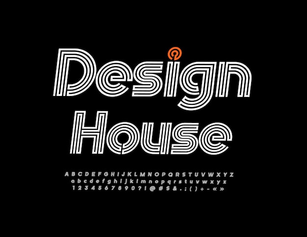 Векторная современная эмблема design house с модным шрифтом лабиринта. белые буквы алфавита, цифры и символы