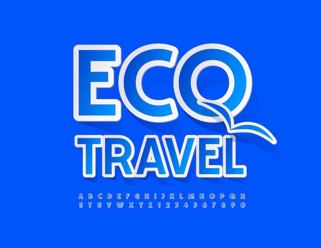 Векторная современная эмблема Eco Travel с декоративным элементом. Шрифт в бумажном стиле. Синяя наклейка Алфавит