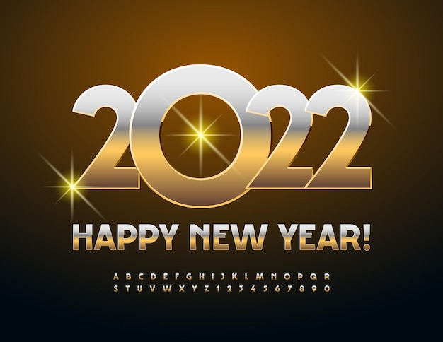 Vector modern greeting card happy new year 2022 metallic alphabet letters and numbers set