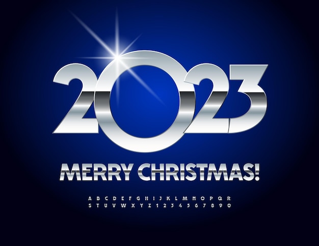 벡터 현대 인사말 카드 Merry Christmas 2023! 반사 알파벳 문자와 숫자 세트