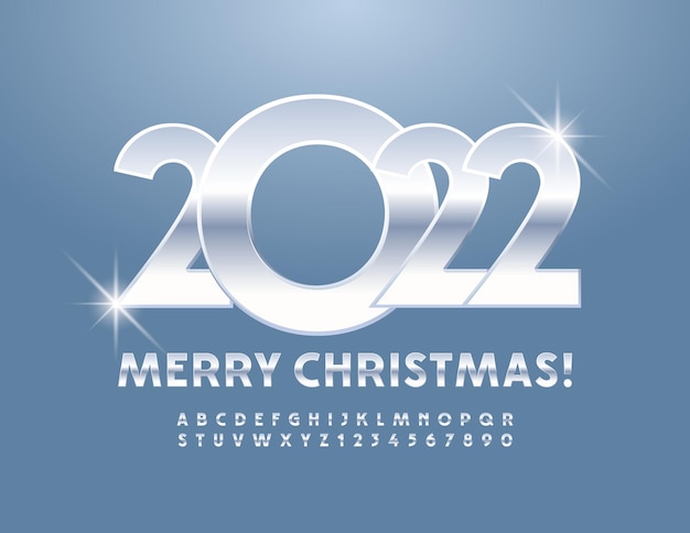 Vector modern Greeting Card Merry Christmas Chrome Alphabet Letters and Numbers set