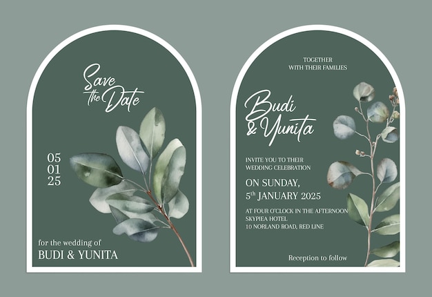 Vector vector modern invitation card template set with clean minimalist boho style watercolor leaves