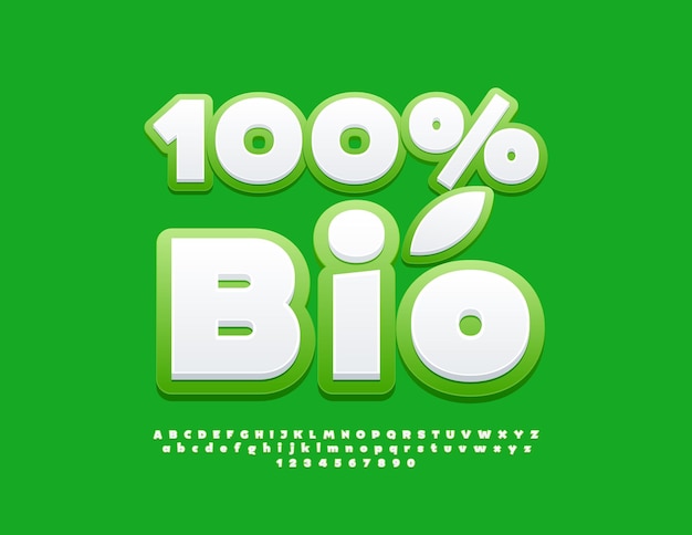 Вектор Векторный современный логотип 100 bio модный яркий шрифт белый и зеленый алфавит буквы и цифры