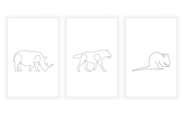 Vector vector modern minimalism of animal line art drawning illustration wolf rat and rhinoceros