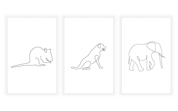 Vector vector modern minimalism of wild life animal rat dog and elephant line art drawning