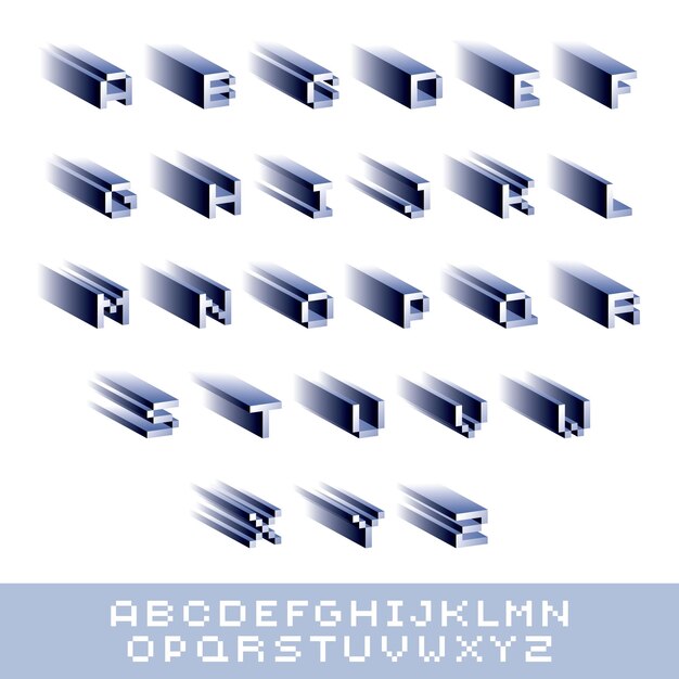 Vector modern tech alphabet letters set. Geometric pixilated digital font, 3d dotted 8 bit characters.