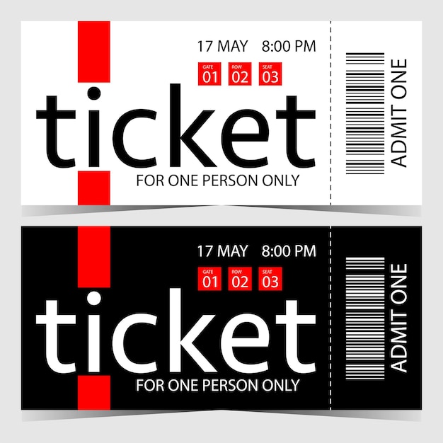Vector modern ticket template design with event date and time and barcode.