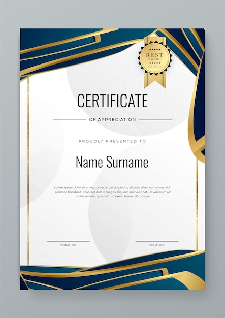 Вектор современный белый и синий сертификат признательности шаблон костюм для награды бизнеса корпоративного образования