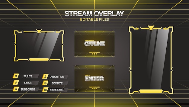 Vector modern yellow overlay stream set template for gaming streamer