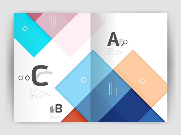 Vector moderne geometrische a4 flyer brochure sjabloon jaarverslag afdruksjabloon met infographics abc opties