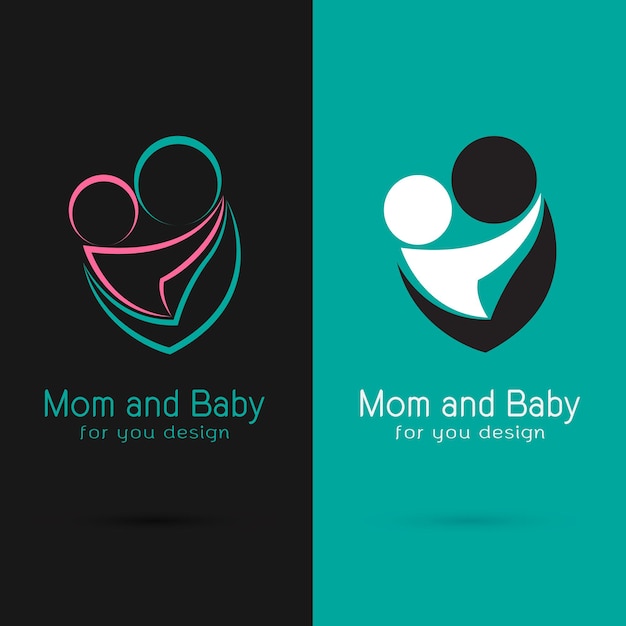 Vettore vettore di design di mamma e bambino su sfondo nero e sfondo blu, logo, simbolo, etichetta