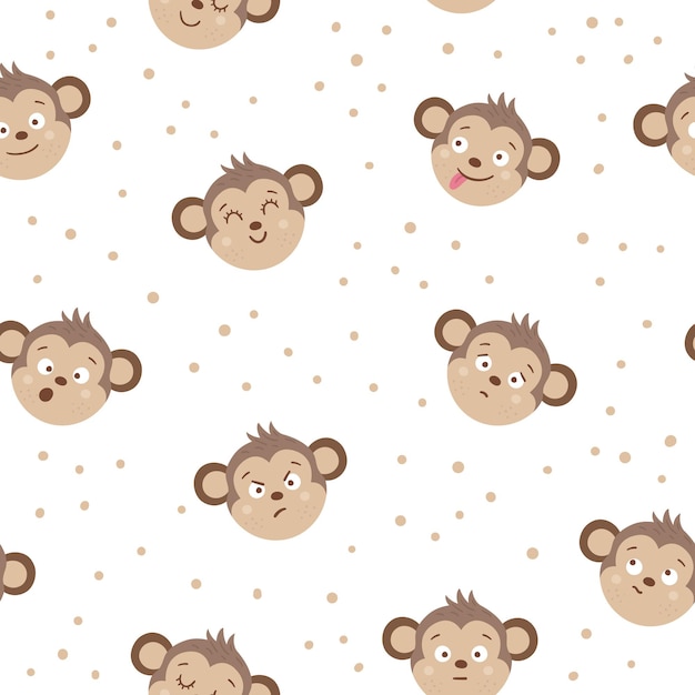 Facce di scimmia vettoriale con diverse emozioni. set di adesivi emoji animali. teste con espressioni divertenti isolate su sfondo bianco. collezione di avatar carini