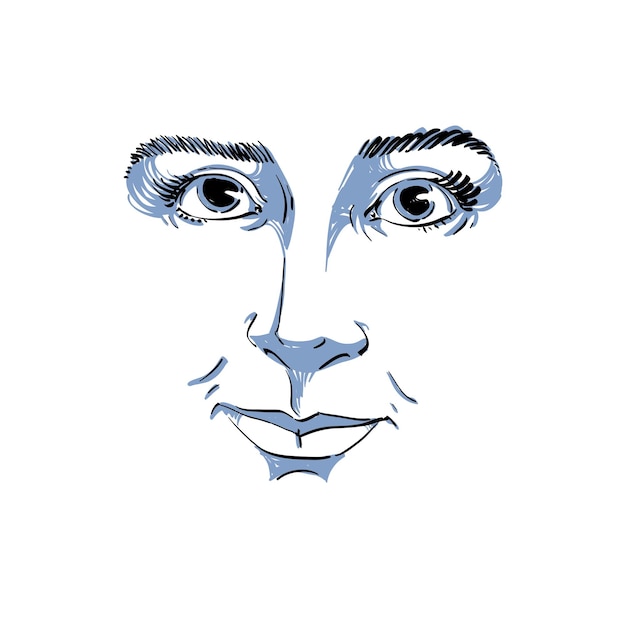 vector monochrome art drawing, portrait of gorgeous dreamy girl isolated on white. facial expressions, people positive emotions. caucasian melancholic woman face, mask.