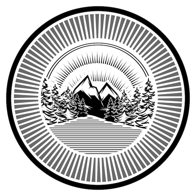 Modello di badge monocromatico vettoriale per il design con elementi della natura alba in montagna sullo sfondo della foresta