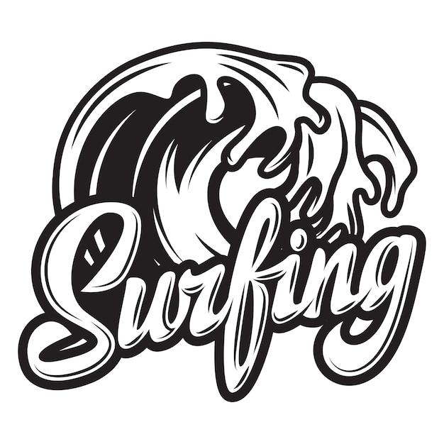 Vector monochrome calligraphic inscription surfing with wave