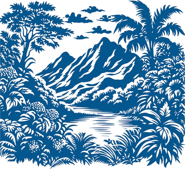 Vector vector monochrome drawing of a jungle with a lake in the center mountains on the horizon and common