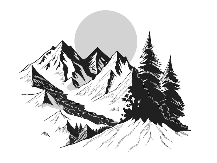 Vector vector monochrome hand drawn mountain range silhouette