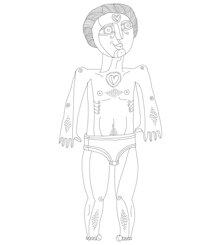 Vector vector monochrome illustration of nude man, adam concept. hand drawn image of person isolated on white symbolizing love and goodness.