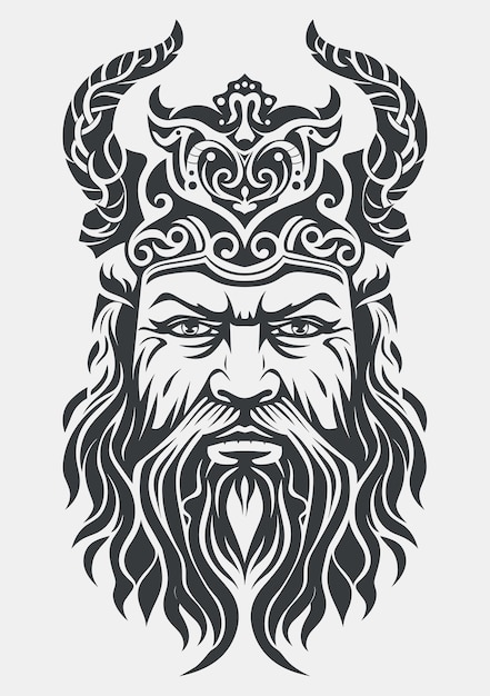 Vector monochrome illustration of Viking on white background