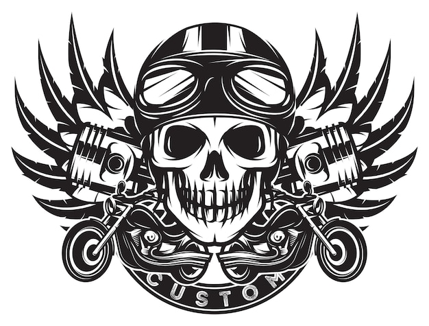 Vector monochrome image on motorcycle theme with skull wings engine