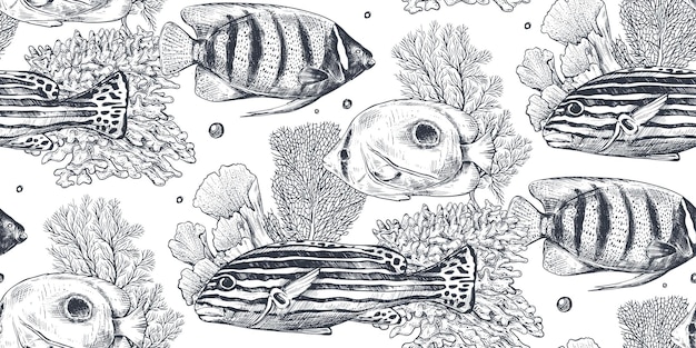 Vector monochrome seamless sea pattern with tropical fishes algae corals Underwater world Black and white hand drawn graphic endless background