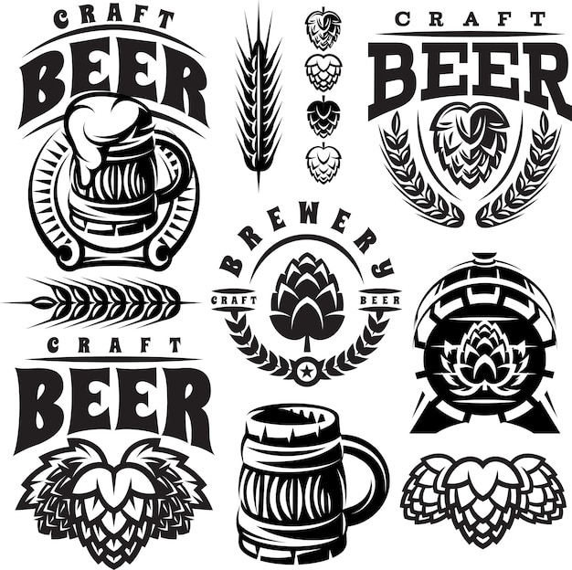 ビールのテーマのデザインのイラスト サイン デザイン要素のベクトル モノクロ セット