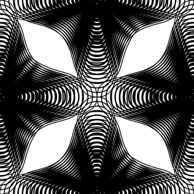 Vector monochrome stripy illusive endless pattern, art continuous geometric background with graphic lines and geometric figures. Kaleidoscope illustration.