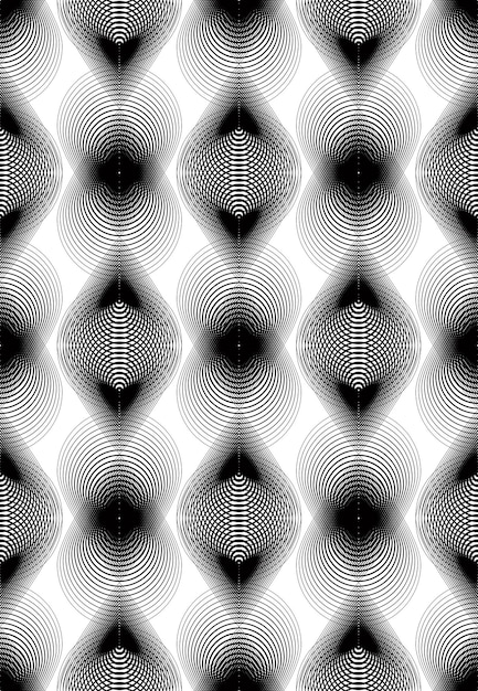 ベクトルモノクロストライプ幻想的な無限のパターン、グラフィックラインと重なり合う幾何学的図形とアート連続幾何学的背景。