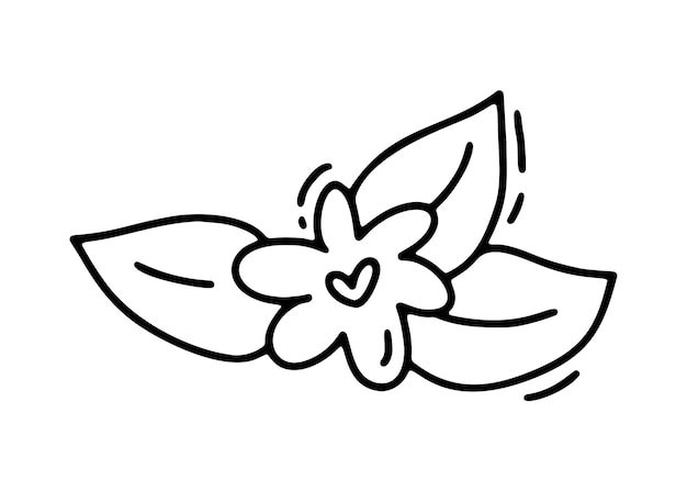 Vector monoline flower with heart Valentines Day Hand Drawn icon Holiday sketch doodle Design